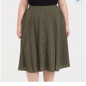 Torrid Olive Green Midi Challis Button-Front Skirt 0X